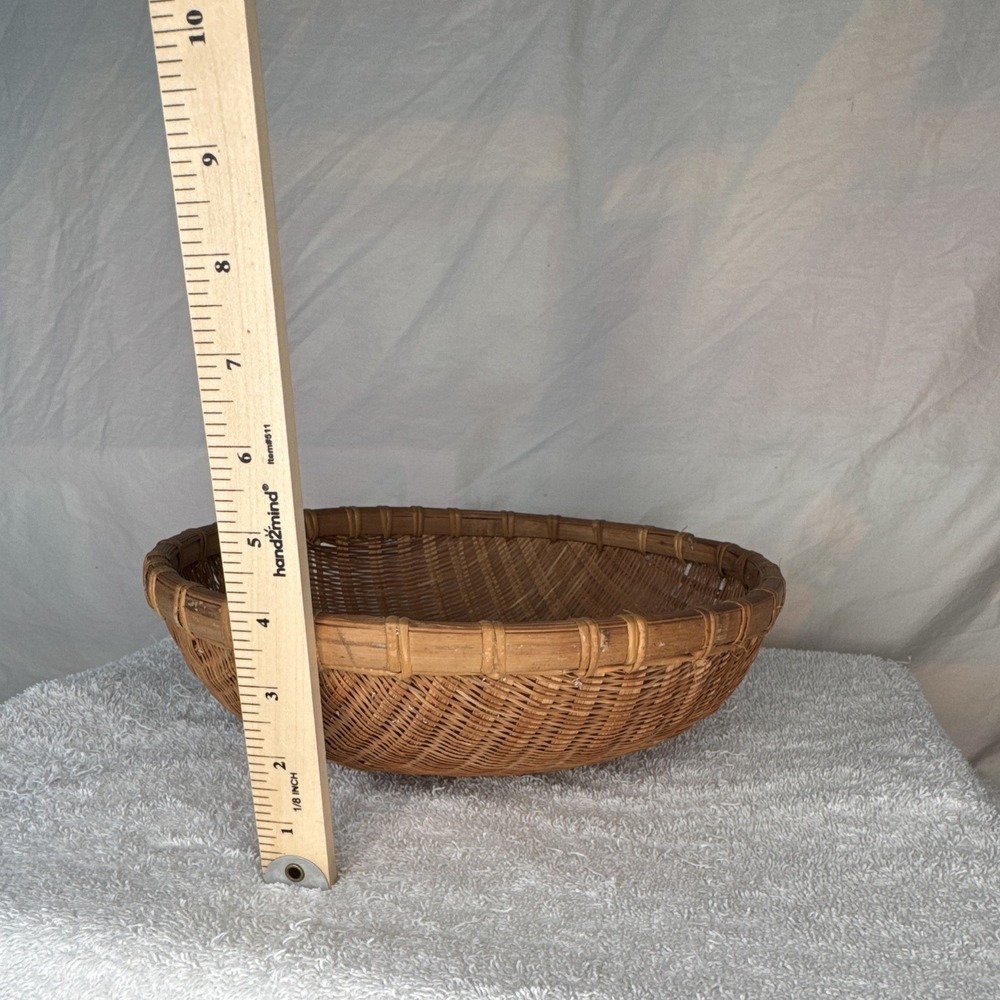 Handmade Woven Asian Collectible Basket Bowl, Natural Color, Approx 11" Dia